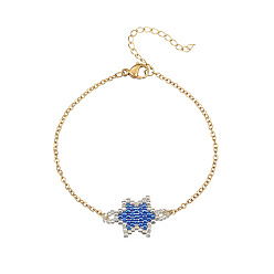 Blue Glass Seed Beaded Star Link Bracelet with Golden Stainless Steel Cable Chains, Blue, 7-7/8 inch(20cm)