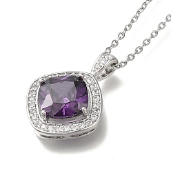 Фиолетовый 304 из нержавеющей стали кабель цепи ожерелья, латунные прозрачные кубические цирконии ромбовидные подвески ожерелья, платины и нержавеющая сталь цвет, фиолетовые, 17.72 дюйм (45 см)
