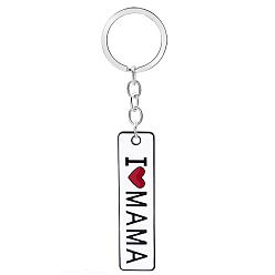 White Mother's Day Rectangle with Word I Love Mama Alloy Enamel Pendant Keychain, with Iron Findings, White, 80x20mm
