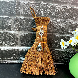 Teardrop Wood Wicca Broom Car Hanging Decoration, with Alloy Decoration and Teardrop Glass Charm, Teardrop, 140x90mm