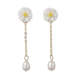 White Natural Pearl & Resin Sunflower Dangle Stud Earrings, Golden 304 Stainless Steel Chains Tassel Earrings, White, 55x13.5mm
