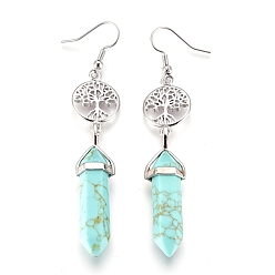 Synthetic Turquoise Pointed Bullet Synthetic Turquoise Dangle Earrings, with Brass Earring Hooks and Flat Round with Tree of Life Links, Platinum, 76mm, Pin: 0.7mm
