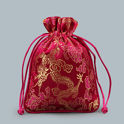 Dark Red Chinese Style Silk Drawstring Jewelry Gift Bags, Jewelry Storage Pouches, Lining Random Color, Rectangle with Dragon Pattern, Dark Red, 15x11.5cm