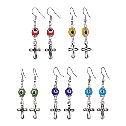 Mixed Color Alloy Cross Dangle Earrings with 304 Stainless Steel Pins, Lampwork Evil Eye Long Drop Earrings, Mixed Color, 54x12mm