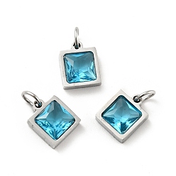 Dark Turquoise 304 Stainless Steel Pendants, with Cubic Zirconia and Jump Rings, Single Stone Charms, Square, Stainless Steel Color, Dark Turquoise, 9.5x8x3.5mm, Hole: 3.4mm