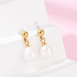 Real 14K Gold Plated 304 Stainless Steel Natural Freshwater Pearl Dangle Stud Earrings, Ion Plating(IP), Oval, Real 14K Gold Plated, 15~19x6~7.5mm