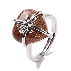 Камень с Пылевым Золотом Сердце из синтетического золота с регулируемым кольцом с бантом, украшения из латунной проволоки для женщин, без кадмия и без свинца, платина, размер США 7 1/4~13 (17.5~22.3 мм)