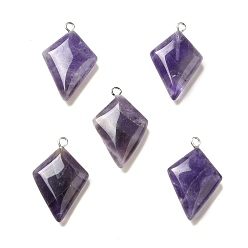 Amethyst Natural Amethyst Pendants, Kite Charms, with Stainless Steel Color Tone Stainless Steel Loops, 28x18x6~7mm, Hole: 2mm