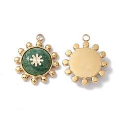 African Jade Natural African Jade Pendants, with Ion Plating(IP) Real 24K Gold Plated 304 Stainless Steel Findings, Faceted Flower Charm, 20x17x4.5mm, Hole: 2mm