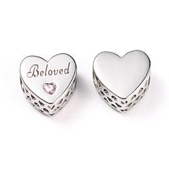 Antique Silver 304 Stainless Steel European Beads, Large Hole Beads, with Rhinestone, Heart with Word Beloved, For Valentine's Day, Antique Silver, 11x11x6mm, Hole: 4mm