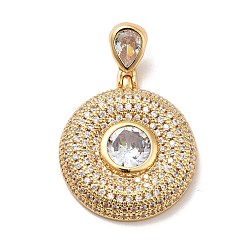 Clear Brass Micro Pave Cubic Zirconia Pendants, Long-Lasting Plated, Real 18K Gold Plated, Flat Round, Clear, 42.5mm, Hole: 8x4mm
