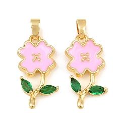 Pink En laiton avec pendentifs en émail, fleur avec breloques feuilles, réel 18 k plaqué or, rose, 21x10x2mm, Trou: 5x3mm