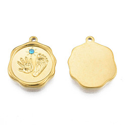 Real 18K Gold Plated 304 Stainless Steel Pendants, with Aquamarine Rhinestone, Nuggets with Fingerprint & Footprints, Real 18K Gold Plated, 19.5x15.5x2.5mm, Hole: 1.4mm