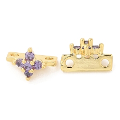 Lilac Brass Micro Pave Cubic Zirconia Multi-Strand Links, Real 18K Gold Plated, Flower, Lilac, 7x10.5x7mm, Hole: 1.6mm