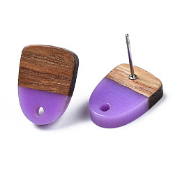 Сине-фиолетовый Серьги-гвоздики из непрозрачной смолы и орехового дерева, с 304 штифтом и отверстием из нержавеющей стали, два тона, половину овальной, синий фиолетовый, 15x11 мм, отверстие : 1.8 мм, штифты : 0.7 мм