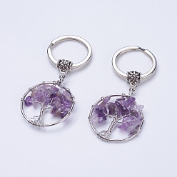 Amethyst Natural Amethyst Keychain, with Iron Key Rings and Brass Finding, Flat Round with Tree of Life, 65~67mm, 36x29x5~8mm