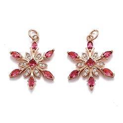 Розовый Позолоченный Подвески из латуни и кубического циркония, снежинка, бледно-фиолетовый красный, Настоящее розовое золото покрыто, 24.5x19x4 мм, отверстие : 3.6 мм