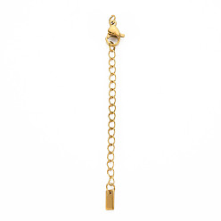 Golden 304 Stainless Steel Chain Extender, Cadmium Free & Nickel Free & Lead Free, with Clasps and Tiny Rectangle Charm, Golden, 50mm, Hole: 2.5mm