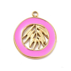 Old Rose 304 Stainless Steel Enamel Pendants, Golden, Flat Round with Leaf Charm, Old Rose, 18x16x1mm, Hole: 1.6mm