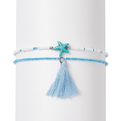 Bleu Ciel Foncé Ensemble de bracelets de cheville en verre, avec des perles d'étoiles de mer turquoises synthétiques et des décorations pendantes à pampilles, bleu profond du ciel, diamètre intérieur: 2-3/4 pouce (7.1 cm), 2 pièces / kit