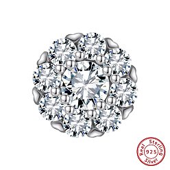 Real Platinum Plated Rhodium Plated 925 Sterling Silver Beads, with Clear Cubic Zirconia, Flat Round, Real Platinum Plated, 11x6mm, Hole: 1.2mm