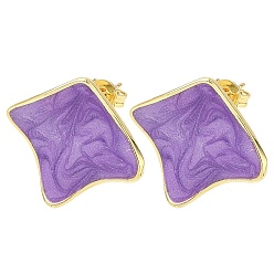 Púrpura Media Pendientes de botón de latón esmaltado para mujer, rombo, larga duración plateado, chapado en rack, sin plomo y el cadmio, dorado, púrpura medio, 20x22 mm