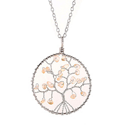 Citrine Natural Citrine Chips Beaded Tree of Life Pendant Necklaces, with Platinum Alloy Chains, 19.69 inch(50cm)