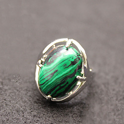 Malachite Oval Synthetic Malachite Adjustable Ring, Platinum Alloy Jewelry for Women, Inner Diameter: 18mm