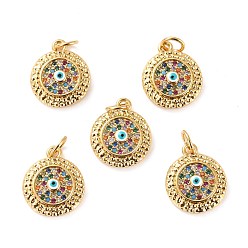 Real 18K Gold Plated Brass Micro Pave Cubic Zirconia Pendants, with Enamel, Long-Lasting Plated, Cadmium Free & Lead Free, Flat Round with Evil Eye, Real 18K Gold Plated, 15x12.5x3.5mm, Hole: 3.6mm