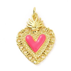 Hot Pink Rack Plating Brass Enamel Pendants, with Jump Ring, Long-Lasting Plated, Real 18K Gold Plated, Cadmium Free & Lead Free, Sacred Heart Charm, Hot Pink, 28x20x3mm, Jump Ring: 5x0.8mm, Inner Diameter: 3mm