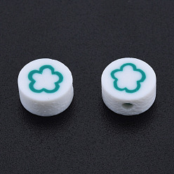 Teal Handmade Polymer Clay Beads, Flat Round with Flower, Teal, 9~9.5x4~5mm, Hole: 1.6mm