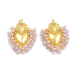 Lilac Alloy & Glass Seed Beaded Pendants, Heart Charm, Long-Lasting Plated, Rack Plating, Cadmium Free & Lead Free, with Brass Jump Ring, Golden, Lilac, 32x27x8mm, Hole: 5mm