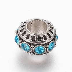 Aquamarine Tibetan Style Alloy European Beads, with Rhinestone, Large Hole Beads, Rondelle, Aquamarine, 10~11x7mm, Hole: 5mm