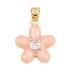 Pink Латунные микропаве прозрачные подвески с фианитом, с эмалью, , долговечный, стойки покрытие, без свинца и без кадмия, реальный 18 k позолоченный, розовые, 17x15.5x4 мм, отверстие : 4x3.5 мм