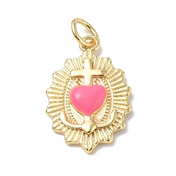 Hot Pink Eco-Friendly Rack Plating Brass Enamel Pendants, Real 18K Gold Plated, with Jump Ring, Sacred Heart of Jesus Charm, Hot Pink, 19.5x13x3mm, Jump Ring: 5x0.8mm, 3.4mm Inner Diameter