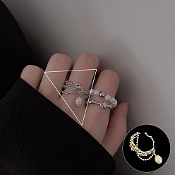 Teardrop Plastic Imitation Pearl Beaded Open Cuff Ring, Platinum Brass Jewelry for Women, Teardrop Pattern, US Size 8(18.1mm)