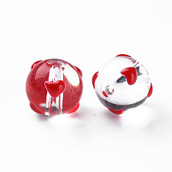Red Transparent Glass Enamel Beads, Round with Heart, Red, 12x11.5mm, Hole: 1.8mm
