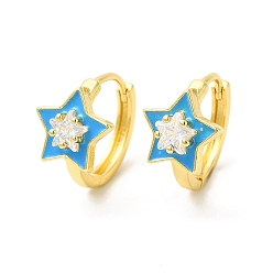 Deep Sky Blue Enamel Star Hoop Earrings with Clear Cubic Zirconia, Real 18K Gold Plated Brass Jewelry for Women, Cadmium Free & Nickel Free & Lead Free, Deep Sky Blue, 15.5x17.5x2.5mm, Pin: 1mm