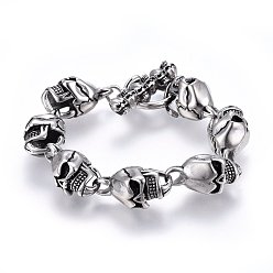 Antique Silver Retro 304 Stainless Steel Link Bracelets, with Toggle Clasps Clasps, Skull, Antique Silver, 8-5/8 inch(22cm), 13.5~34x15mm
