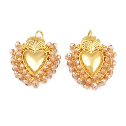 PeachPuff Alloy & Glass Seed Beaded Pendants, Heart Charm, Long-Lasting Plated, Rack Plating, Cadmium Free & Lead Free, with Brass Jump Ring, Golden, PeachPuff, 32x27x8mm, Hole: 5mm