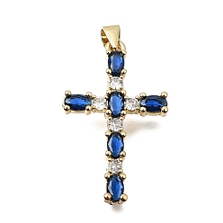 Blue Brass Pave Cubic Zirconia Pendants, Cross with Oval Charms, Long-Lasting Plated, Cadmium Free & Lead Free, Real 18K Gold Plated, Blue, 32.5x19.5x3.5mm, Hole: 4x3.5mm