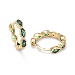 Real 18K Gold Plated Brass Micro Pave Cubic Zirconia Huggie Hoop Earrings, Long-Lasting Plated, Horse Eye, Green, Real 18K Gold Plated, 13.5x14.5x3mm, Pin: 0.8mm