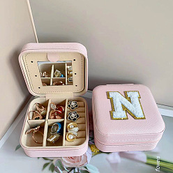 Letter N Letter Imitation Leather Jewelry Organizer Case with Mirror Inside, for Necklaces, Rings, Earrings and Pendants, Square, Pink, Letter N, 10x10x5.5cm