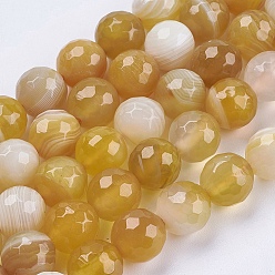Goldenrod Natural Striped Agate/Banded Agate Beads Strands, Round, Faceted, Dyed, Goldenrod, 6mm, Hole: 1mm, about 62pcs/strand, 14.5 inch(37cm)
