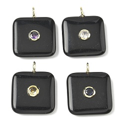 Обсидиан Природные подвески обсидиана, квадратные подвески с латунной микрофиброй и фианитами, золотые, цвет циркона случаен, 31x24~25x6~7 мм, отверстие : 3x2 мм