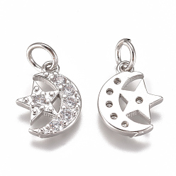 Платина Латунные микро проложить кубического циркония прелести, с целью перехода в кольце, долговечный, Луна и звезды, прозрачные, Реальная платина, 12x9x2 мм, отверстие : 3 мм