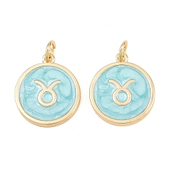 Taurus Brass Enamel Pendants, Flat Round & Constellation Charms, Rack Plating, Long-Lasting Plated, Cadmium Free & Lead Free, Golden, Taurus Charms, 17.5x15x2mm, Hole: 3mm