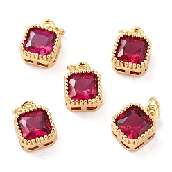 Deep Pink Real 18K Gold Plated Brass Inlaid Cubic Zirconia Charms, with Jump Ring, Long-Lasting Plated, Square, Deep Pink, 9.5x7x4mm, Jump Ring: 4x0.5mm, 2.5mm Inner Diameter