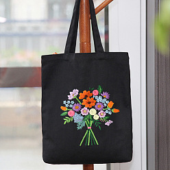 Colorful DIY Bouquet Pattern Black Canvas Tote Bag Embroidery Kit, including Embroidery Needles & Thread, Cotton Fabric, Plastic Embroidery Hoop, Colorful, 390x340mm