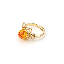 Jade Natural Jade Adjustable Ring, Cat Shape Golden Brass Wire Wraped Ring, Wide: 8mm